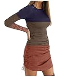 GOKOMO Damen Enges Sexy Kordelzug Kleid Rundhals Gestrickt Langarm Kleid Sexy Elegant Schlank Damen Kleid Damen Party Verein Hochzeit Feier Sexy Charmant Damen Kleid(L,Blau)