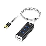 CableCreation 4-Port USB 3.0 Hub, 1.5M(4.9FT) Langes USB Verlängerungskabel, 5Gbps Datenrate für MacBook Pro, iMac, PC, Laptop, USB-Flash-Laufwerke usw, Aluminium, Geflochtenes, Schwarz & Weiß, 1,5