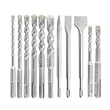 SDS Plus Meißel Set, 11tlg. Meißelset Hammerbohrer Betonbohrer Kit 100-150 mm Bohrer und 250 mm Meißelset für Beton Baustein H