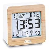 ADE Digitaler Funk-Wecker CK1941 Tischuhr digital mit DCF Zeitsignal, Gehäuse mit echtem Bambus, LCD-Display, Thermometer für Raumtemperatur, Wecker mit Schlummerfunktion, Funkuhr inkl. B