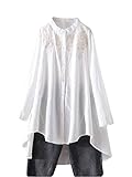 FTCayanz Damen Leinen Bluse Shirt Langarm Stickerei Hemd Elegant Langarmshirt Lang Tunika Tops Weiß XL