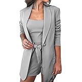 RKaixuni 3.Set Blazer Damen Elegant Sakko Sportbekleidung Mantel Locker Lang Einfarbig Revers Frauen Jacke Cardigan Damenblazer Büro Longblazer mit Tasche Sling Westen Kurz Hosen S