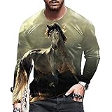 T-Shirt Herren Rundhals Frühling Herbst Interessant 3D Pferd Druck Herren Longsleeve Shirt Slim Fit Stretch Street Sport Style Casual All-Match Herren Base Shirt E-M14 XL
