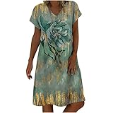 Damen Retro Sommerkleid V-Ausschnitt Kurzarm Knielang T-Shirt Kleider Casual Elegant Vintage Blumen Strandkleider Freizeitkleid Sommer Midikleid Druck