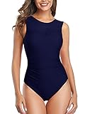 Summer Mae Damen Bademode Masche Schlankheits Badeanzug High Neck Bauchweg Einteilig Strandmode Dunkelblau L