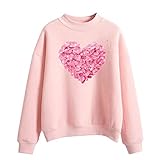 Damen Sweatshirt mit Herz-Grafikdruck, lockerer Pullover, Rundhalsausschnitt, langärmelig, Rollkragen-Bluse, rose, 36