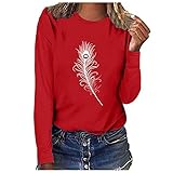 Women's Summer T-Shirt Patchwork Sweatshirt Long Sleeve Tops T-Shirt Loose(E-Red, XXL)