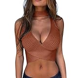 IHEHUA Crop Tops Damen Shirt Sexy Sommer Tank Top Bauchfreies Wrap Shirts Strick Oberteile Einzigartiges Kreuz Schlank Fit Top mit tiefem V-Hals Tunika Bluse(Kaffee,S)