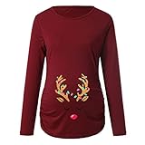 Umstandsmode Damen Kurzarm O-Ausschnitt Shirt mit Schneemann Muster Süße Weihnachten Umstandsshirt T-Shirt Oberteil Piebo Damen Schwangere Maternity Top Shirts (Langarm-Rot, 2XL)