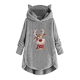 Weihnachten Sweatshirt für Frauen Sweetshirts Casual Printing Lovely Cat Ears Plush Buttons Long Sleeve Hooded Plush Coat Top Winter Herbst Essentials Hoodie, grau, XXL