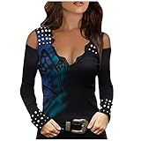 Blusen Damen Sommer,Mode Low Cut V-Ausschnitt Damen Shirts Off Shoulder Langarm Retro Drucken Slim Shirts Sommer Trachten T-Shirt Casual Oberteile Elegant Sexy Top Tuniken,Rot,XXL