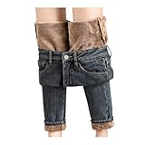 Gefüttert-Jeans Damen Winter-Gefüttert High-Waist-Straight Thermo-Jeanshose: Lang Winterhose Damen Thermo Fleecehose Warm Leicht Outdoor Sp