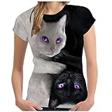Yowablo T-Shirt Damen Shirt Oberteile Oberteil für Damen Tops Langarm Sommer T-Shirts Damenmode 3D Cat Print Casual T-Shirt Sommer Kurzarm O-Ausschnitt ( 6XL,3Schwarz )