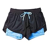 Sportshorts Laufshorts Damen Yoga Shorts Xjp Frauen Doppelschicht Transparent TüLl Mesh Sporthose Einfarbig Anti Entleert Schnell Trocknend Kurze Hosen Outdoor Fitness Yoga Shorts(S, Himmelblau)