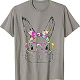 Damen T-Shirt Casual Bunny mit Brille Bedruckte Tops Niedliches Tiermuster Pullover O-Ausschnitt Kurzarm Lose Tunika All-Match Bluse(M,Grau)