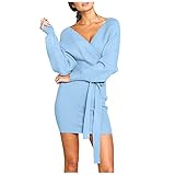 Kobay Damen Elegant Strickkleid Pulloverkleid Tunika Kleid V-Ausschnitt Langarm V-Neck Sexy Hip Wrap Warm Sweater Dress(Hellblau, XL)