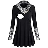 Damen Frühling und Herbst Nationaler Druck Umstandstop Stillshirt Lagendesign Stapelkragen Umstandsmode Top mit Stillfunktion Tunika Slim Langarm Schwanger T-Shirt Nursing Schwang