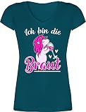 JGA Junggesellenabschied Frauen - Ich Bin die Braut - Einhorn weiß/Fuchsia - XXL - Türkis - Polterabend - XO1525 - Damen T-Shirt mit V