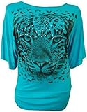Damen-Oberteil, Tiger, Glitzerdruck, Übergröße, Fledermausärmel, T-Shirt Gr. 46, türk