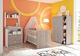 Babyzimmer Merida 6 teiliges SPARSET in Nelson Eiche und Anderson Pine mit Kleiderschrank, Babybett mit Lattenrost und Umbauseiten, Wickelkommode mit Wandaufsatz, Standreg