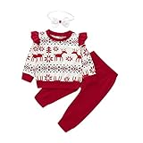 Mädchen-Set für Weihnachten, 3-teilig, Langarm-Top, Elk-Print + Hose rot/Tutu weiß + Bogen 1 – 5 Jahre, Rot 3-4 J