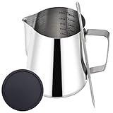 Milchkännchen Edelstahl 600ml/20OZ Eingebaute Doppelwaage,zum Milch Aufschäumen, Barista Stift x 1,Untersetzer x 1,Milchkännchen x 1