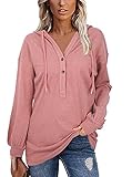 DUTUT Damen V-Ausschnitt Henley Hoodie Pullover Drop-Shoulder Button Langarm Pullover Sweatshirt Pullover (Rot, XX-Large)