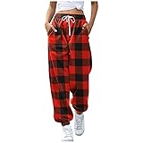 BOOMJIU Jogginghose Damen Winter Sporthose Weihnachten Hose High Waist Elastische Kordelzug Freizeithose Casual Drucken Tasche Lange Hosen Lockere Slim Fit Warme Weihnachtshose D