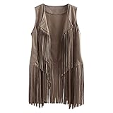 Yuemei Frauen Weste Hippie Kostüm Open Front Strickjacke Herbst Winter Faux Wildleder Ethnische 70er Jahre Ärmellose Quasten Fransen Revers Weste Strickjacke für Damen (Beige, M)