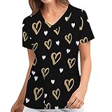 Briskorry Valentinstag Liebesdruck Krankenhaus Schlupfhemd Bluse Kurzarm V-Neck T-Shirt Mischgewebe Kasack Damen Pflege mit Love Motiv Bunt Arzt Uniform Berufsbekleidung Krankenschwester Kleidung