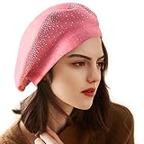 LADYBRO Strass, Baskenmützen für Damen, 2 Lagen, Wolle, französischer Hut, Dame, Winter, Schwarz/Rot, Dunkelrosa-44008, Einheitsgröß