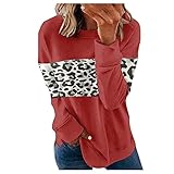 Tops für Damen, Sweatshirt, Bluse, langärmlig, mit Schleife, zweifarbig, modisch, für Damen, Sweatshirt, Leopard, Damen-Sweatshirt, Reißverschluss, Basic-T-Shirt für Damen, (#002) rot, M