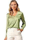 Allegra K Damen Langarm V Neck Einfarbig Satin Shirt Bluse Grün XS