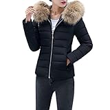 Elecenty Damen Warm Mantel Wintermantel Kurz Winterjacke Dickere mit Kapuze Slim Fit Outwear Baumwollkleidung Parkajacke Reißverschluss Jacke Steppjacke mit Pelz Halsband (XL, Schwarz)