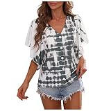 Uhoney Übergroße T-Shirts für Damen, modisch, lässig, Batikdruck, V-Ausschnitt, lockere Passform, Sommer, Kurzarm-T-Shirt, Top, normale Passform, Bluse, Pullover, Hemd, weiß, X-Larg