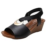 Sandalen für Damen, Sommer, Knöchelriemen, flach, Strand, Slip-on-Absätze, Plateau-Keil, Peep-Toe-Schuhe, Schwarz , 37.5 EU