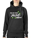Comedy Shirts - Die mit dem Hund geht - Style2 - Damen Hoodie - Schwarz / Weiss-Neongrün Gr. XXL