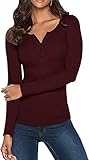 YBENLOVER Damen V-Ausschnitt Henley T-Shirts Langarm Geripp Knopf Basic Oberteile Tee (S, Weinrot)