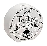 Spardose aus Keramik mit coolen Tattoo-Motiven in weiß - Tattookasse als Geschenk für Punks und Verrückte Freunde die Sich gerne tätowieren Lassen Aber Nicht Immer das nötige Geld hab