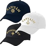 Nashville print factory Basecap Bestickt mit Motiv Anker/Steuerrad/Kompass-Rose Captain Kapitän Steuermann Mütze Cappy (Weiß, Kompassrose + Captain)