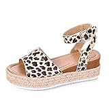 Auppy Damen-Sandalen mit Plateausohle, flach, offene Zehenpartie, Kunstleder, Knöchelriemen, Schnalle, modisch, bequem, lässig, Espadrilles, Leopardenmuster, 41 EU