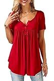 Bequemer Laden T-Shirt Damen Sommer Kurzarm Tunika Knopfleiste Bluse Casual locker Longshirt Oberteile Top,Rot,XL