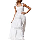Strap Kleid Damen Boho Kleider Einfarbig V-Ausschnitt Sommerkleid Lange Röcke Casual Strand Lose Midikleid Urlaub Kleider (L,A-Weiß)