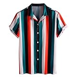 Xniral Herren Hawaii Hemd Blumen Beiläufig Aloha Freizeit Streifen Shirt Button Down Umlegekragen Graphic Shirt Sommer T-Shirt(b-rot,XL)