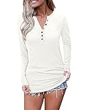 MISFAY Damen Langarm Tops Casual v-Ausschnitt Henley Shirts Button Tshirt Blusen(Weiß,Large)