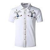 Freizeithemd Herren Slim Fit Mode Stickerei Druck Herren Hemd Sommer Vintage Knopfleiste Spleißen Herren Shirt Klassisch Trend Kurzarm Herren Business Hemd Q-White 4 XL