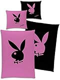 Playboy Wende-Bettwäsche Bunny Pink / Schwarz 135 x 200 cm + 80 x 80 cm - 100% Baumwolle Linon / Renforcé Bettbezug Hase classic Logo Playmates Lifestyle Magazin deutsche Größe mit Reiß
