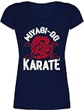 Nerd Geschenke - Miyagi-Do Karate mit Drache rot/weiß - S - Dunkelblau - Drache - XO1525 - Damen T-Shirt mit V