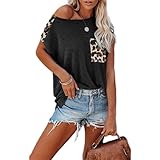 Damen-T-Shirt, Leopardenmuster, kurzärmelig, Rundhalsausschnitt, Farbblock, Tunika, Tops, Sweatshirt, A-schwarz, XL