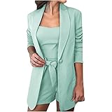 TRIGLICOLEUM Blazer Set Damen Eleganter Einfarbiger Blazer Mantel Anzug Business Anzug Jacke mit Langen Ärmeln Dreiteiliger Suit Schmale Weste + Revers Outwear +Shorts mit Hoher Taille und Gü